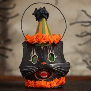 Bethany Lowe Sassy Cat Mini Bucket Halloween Black Cat Paper Mache Lantern NEW